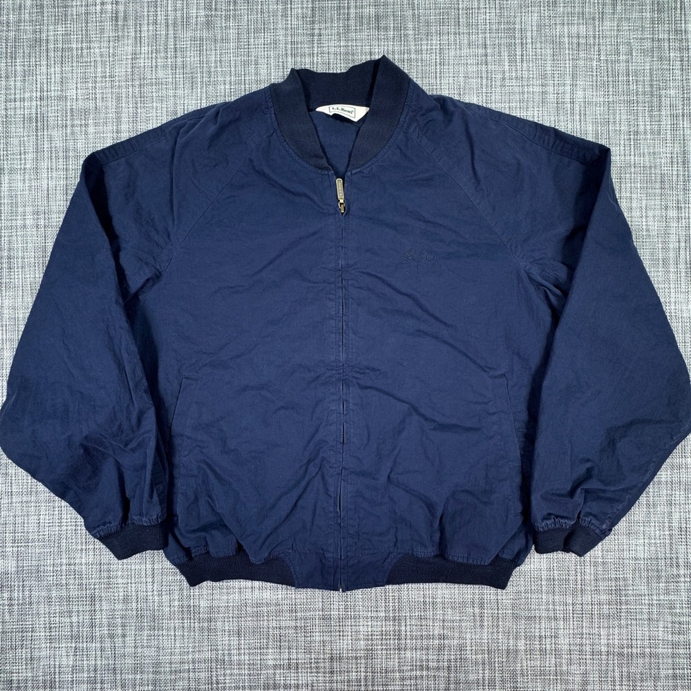 LL Bean Men Bomber Jacket Full Zip Cotton Nylon Shell Navy Blue Large Regular